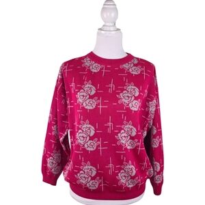 Vintahe Women's Hot Pink Floral Sweater Size Small Grey Gray Floral Rose Retro
